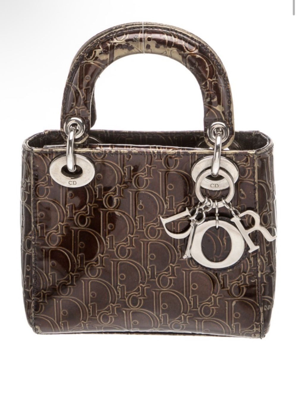 Dior Brown Patent Lady Dior Mini Satchel with Silver Hardware
